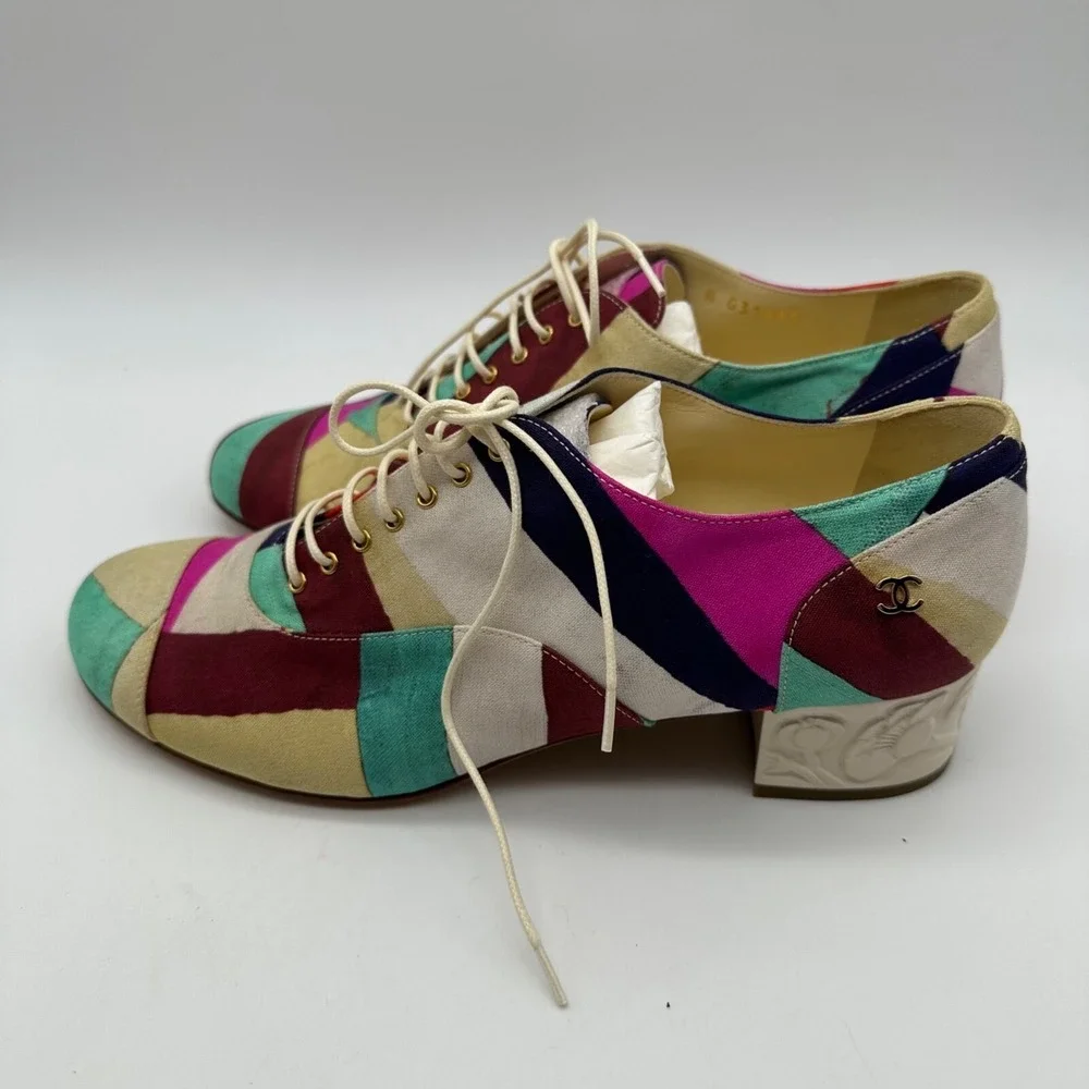 NEW CHANEL‎ BROGUES SHOES CAMELIA G HEELS MULTI COLOR CANVAS G31468 Size 38.5